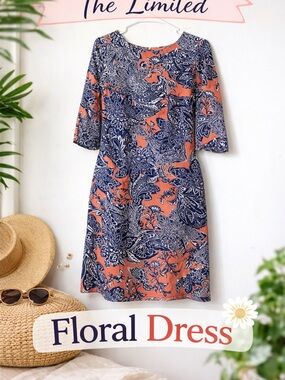 The Limited Floral Shift Dress XS Orange Navy
